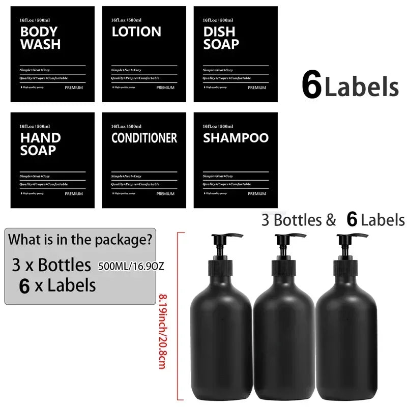 Matte Black Soap Shampoo Dispenser Shower Gel Conditioner Liquid Container Bathroom Lotion Bottle with 6/8/12 Labels 2/3PCS/Set